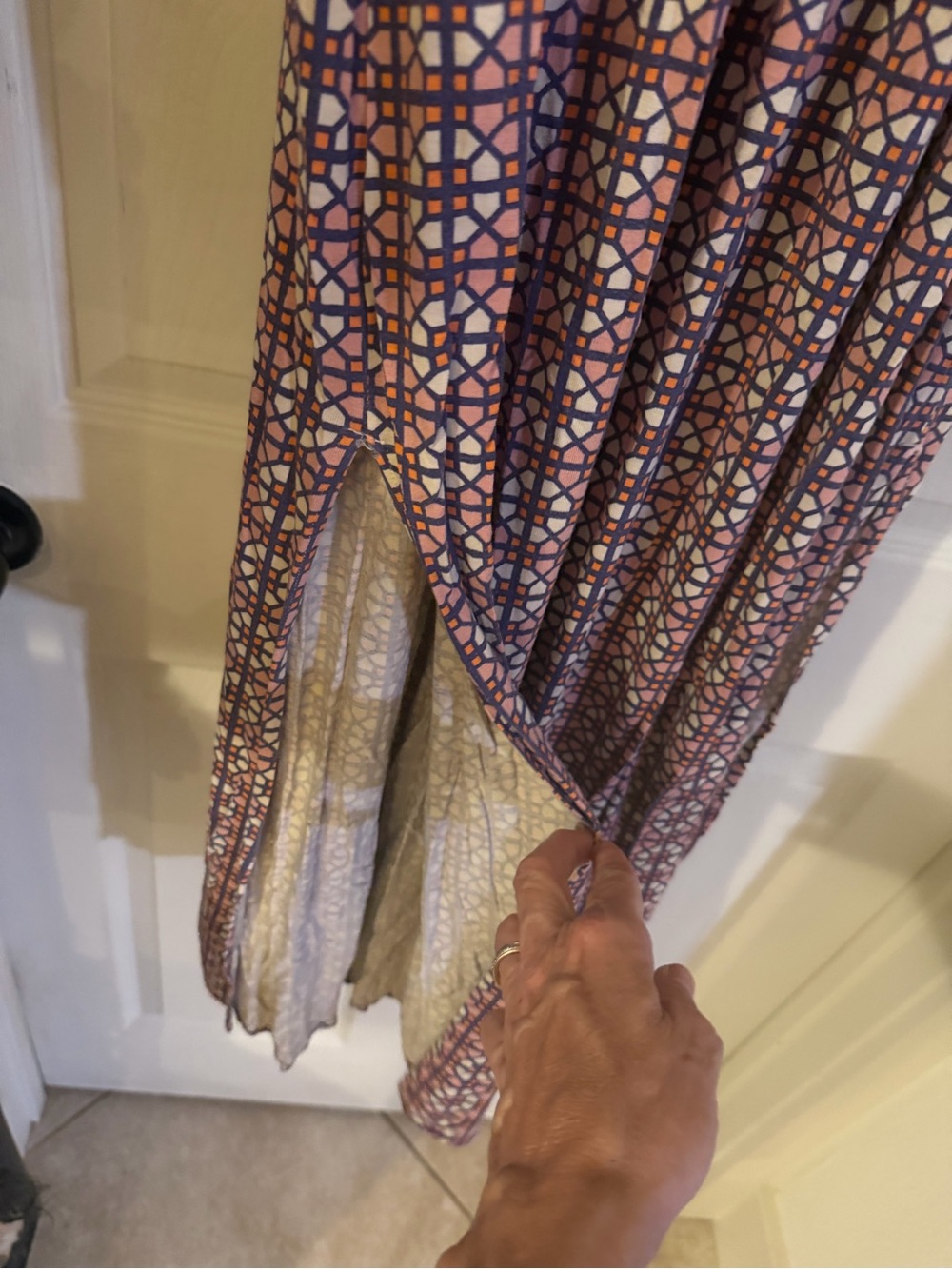 Anthropologie Maeve Beige Wrap-Top Maxi Skirt Dress with Burgundy Geometric - Picture 3 of 8